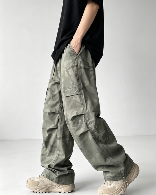 Men Camo Parachute Cargo Wide Leg Pants