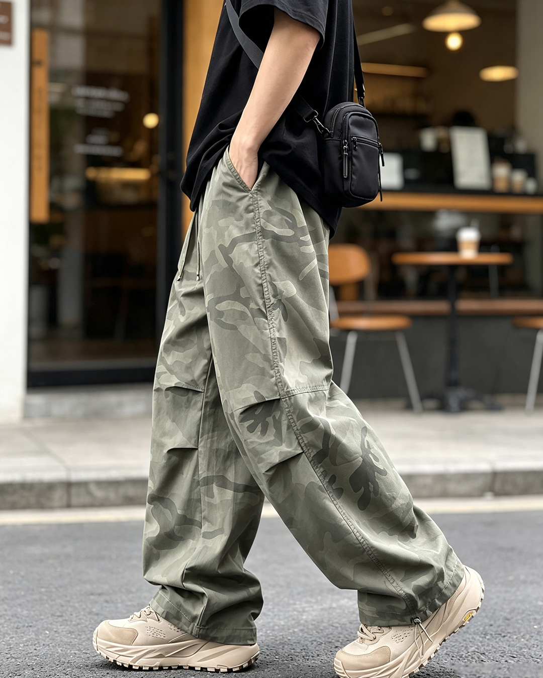 Men Camo Parachute Cargo Wide Leg Pants