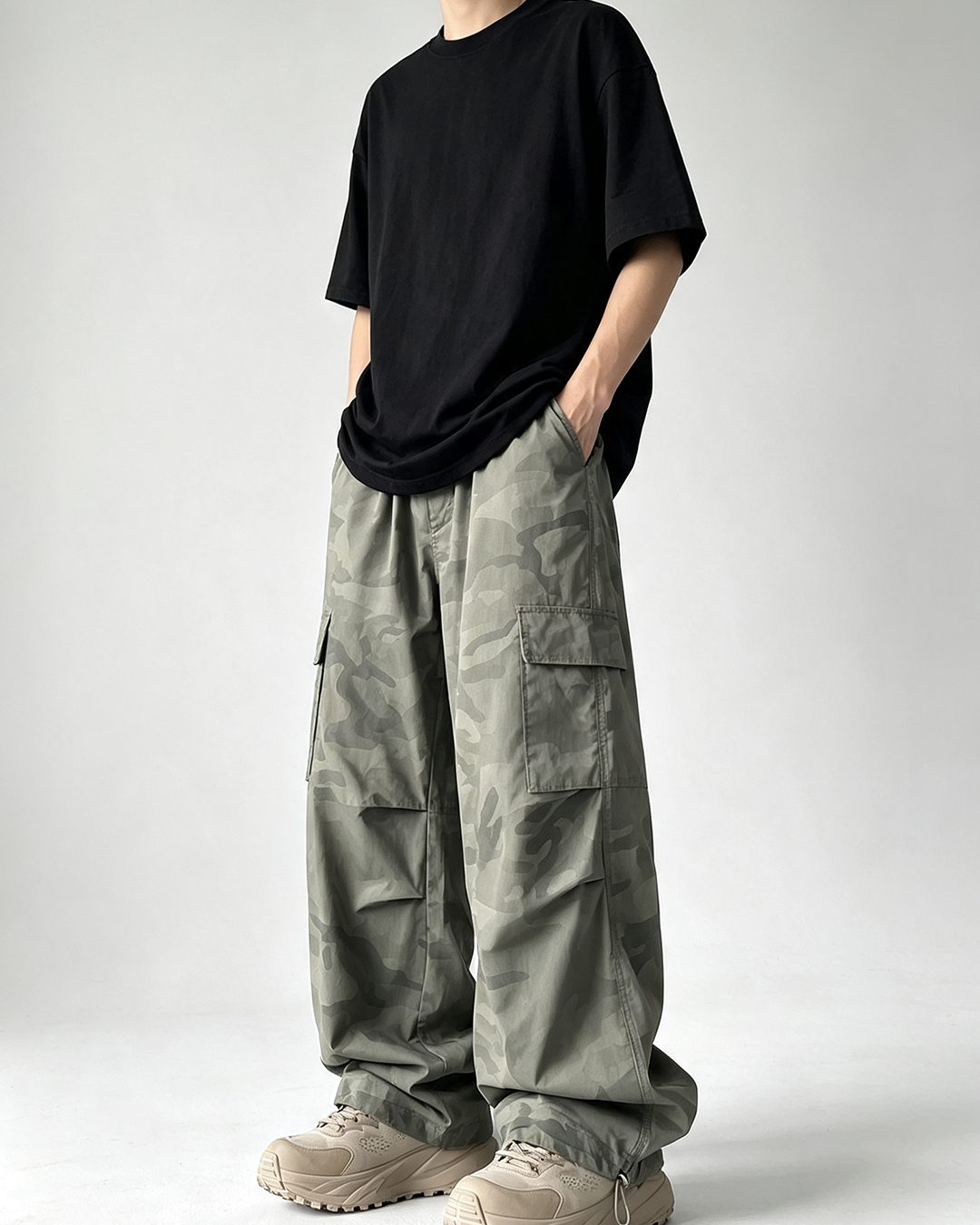 Men Camo Parachute Cargo Wide Leg Pants