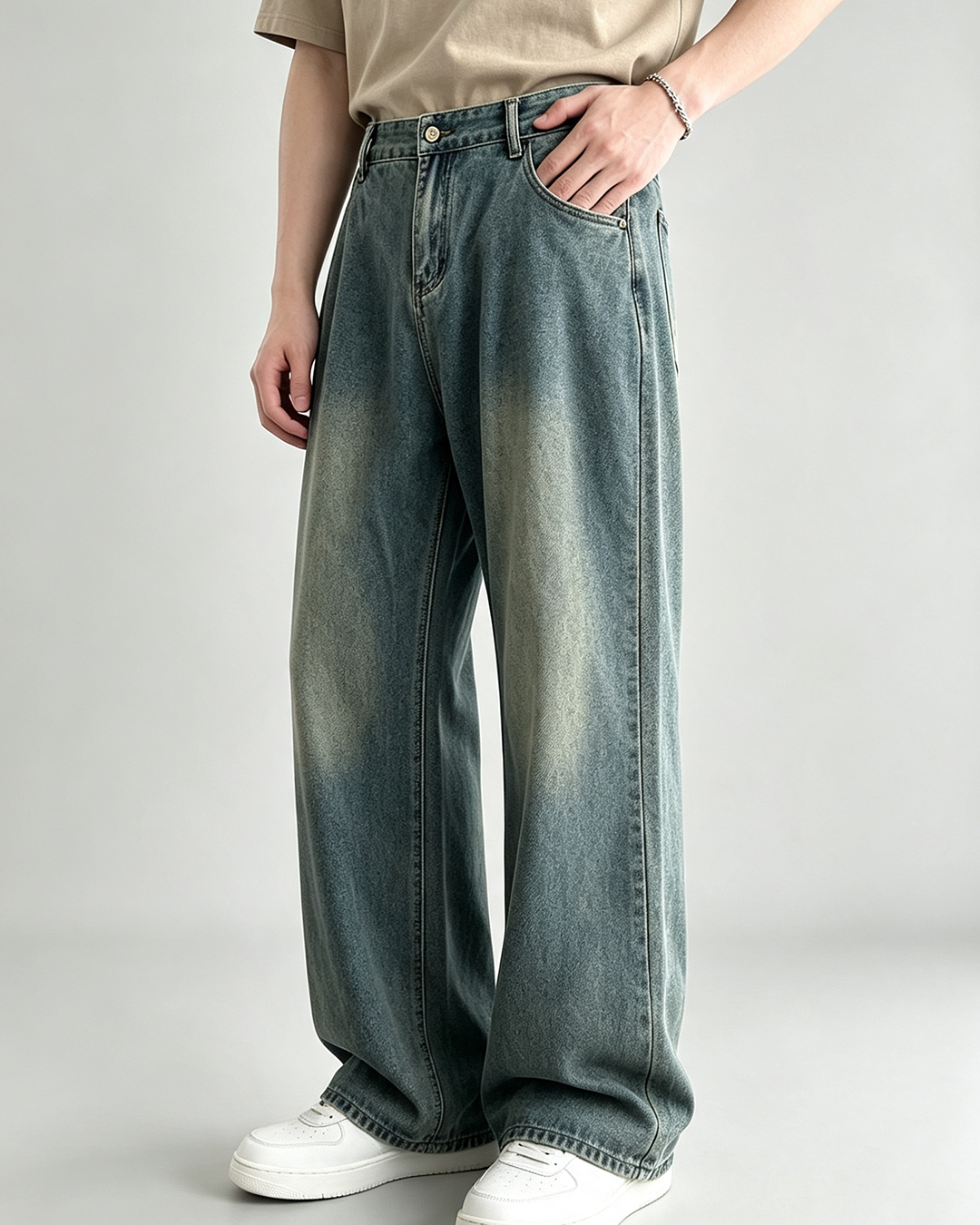Men Vintage Washed Wide Leg Denim Jeans