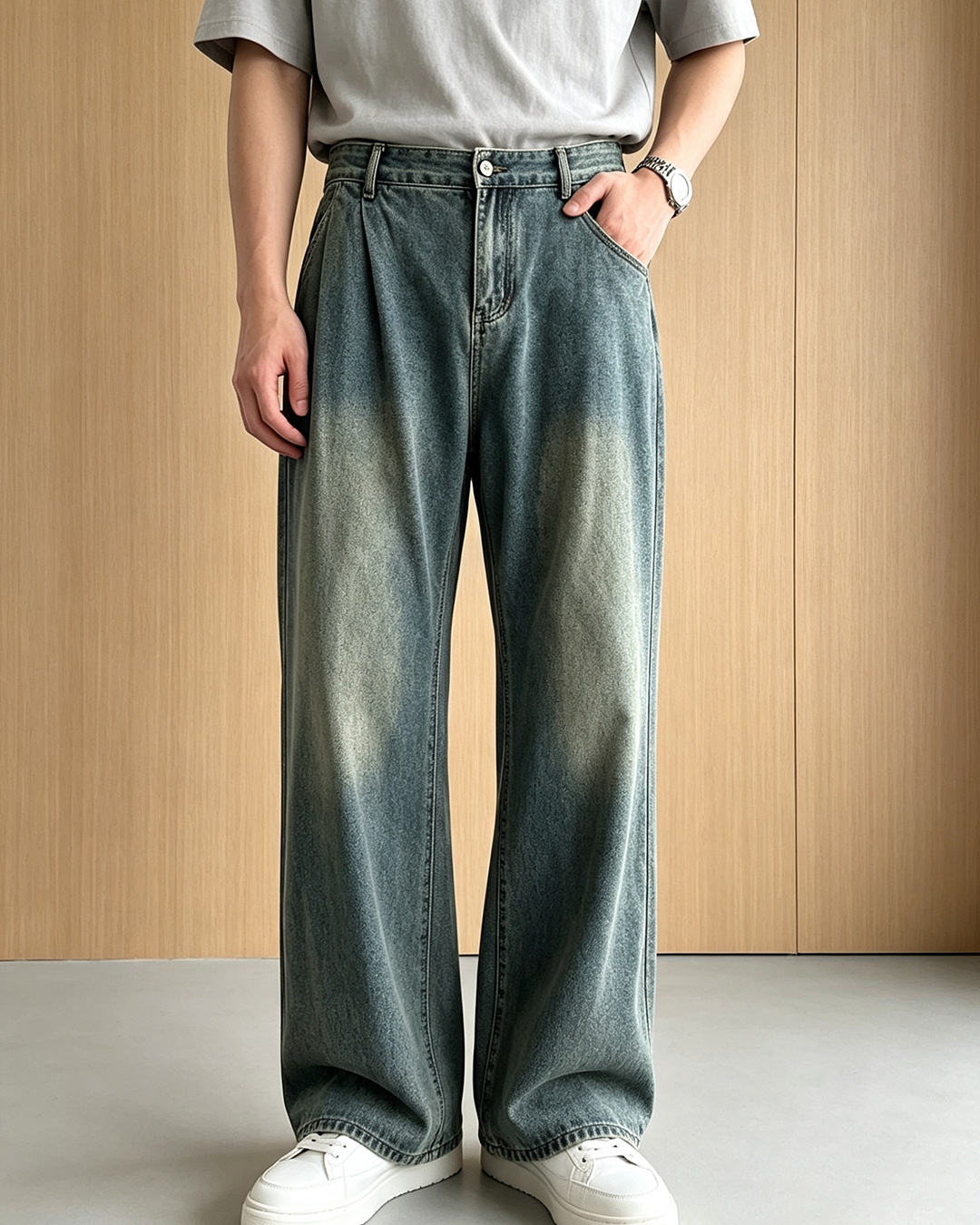 Men Vintage Washed Wide Leg Denim Jeans